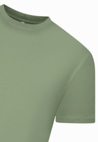 Lichtgroen T-shirt met korte mouwen, gemaakt van zachte stof, met een geribbelde ronde hals en zonder zichtbare patronen of versieringen.