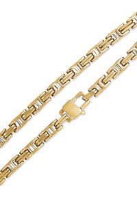 Guldtonet kædearmbånd med sammenkædede rektangulære led og en sikker lås. Glat, poleret overflade med et elegant design.