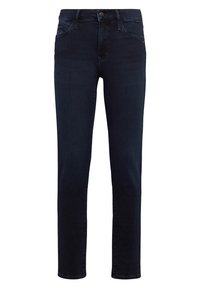 Jean en denim bleu foncé coupe slim, avec cinq poches, braguette zippée et fermeture par bouton. Texture lisse avec des détails de couture minimaux.