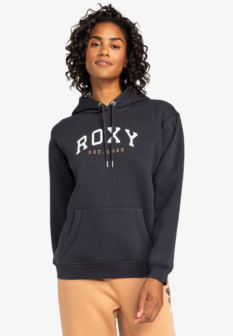 Navy hoodie featuring a kangaroo pocket, drawstring hood, and white "ROXY" logo with gold accents. Soft fabric with a relaxed fit.