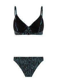 Mustan ja tummanpetrolinsinisen seepra-kuvioitu bikinitoppi ja -alaosa, joissa säädettävät hihnat ja edessä solkikiinnitys topissa.