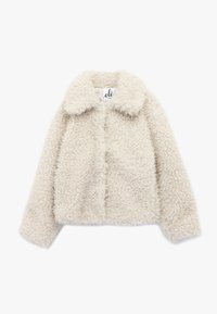 Faux fur cropped jakke i creme med en blød tekstur. Har en kravet hals og ingen synlige lukninger.