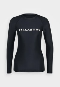 Čierna rash guard s dlhým rukávom vyrobená z elastického materiálu, so bielym logom "BILLABONG" na hrudníku a dizajnom raglánových rukávov.