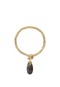 Pulsera de cadena de oro con un colgante de labradorita en forma de lágrima texturizada, con una tapa cónica, que muestra tonos azules y grises.