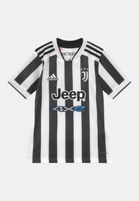 Juventus-paidallinen paita, jossa on mustavalkoiset pystyrivit, lyhyet hihat, pyöreä kaula-aukko ja logoversioneita Adidasilta ja Jeepiltä.