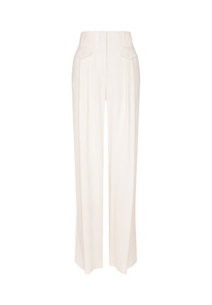 Pantaloni a gamba larga in un morbido tessuto bianco, caratterizzati da un alto punto vita, pieghe sul davanti e due tasche posteriori. Texture liscia, vestibilità sartoriale.