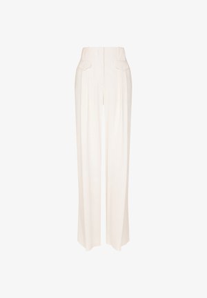 Wide-leg trousers in a soft white fabric, featuring a high waistband, pleats at the front, and two back pockets. Smooth texture, tailored fit.