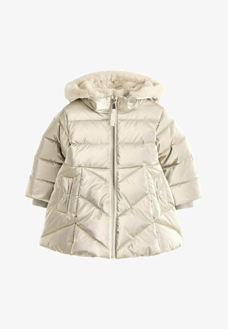 Nafouknutá, světle béžová bunda se zipem, texturovanými panely a kapucí s kožíškem. Obsahuje přední kapsy a krátké, široké rukávy.