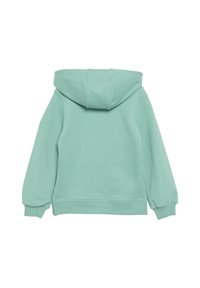 Felpa verde chiaro con cappuccio, dotata di maniche lunghe, polsi a costine e texture morbida. Nessun logo o motivo visibile.