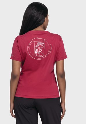 Red cotton t-shirt with short sleeves, featuring a white graphic design and text on the back. Simple round collar and relaxed fit.