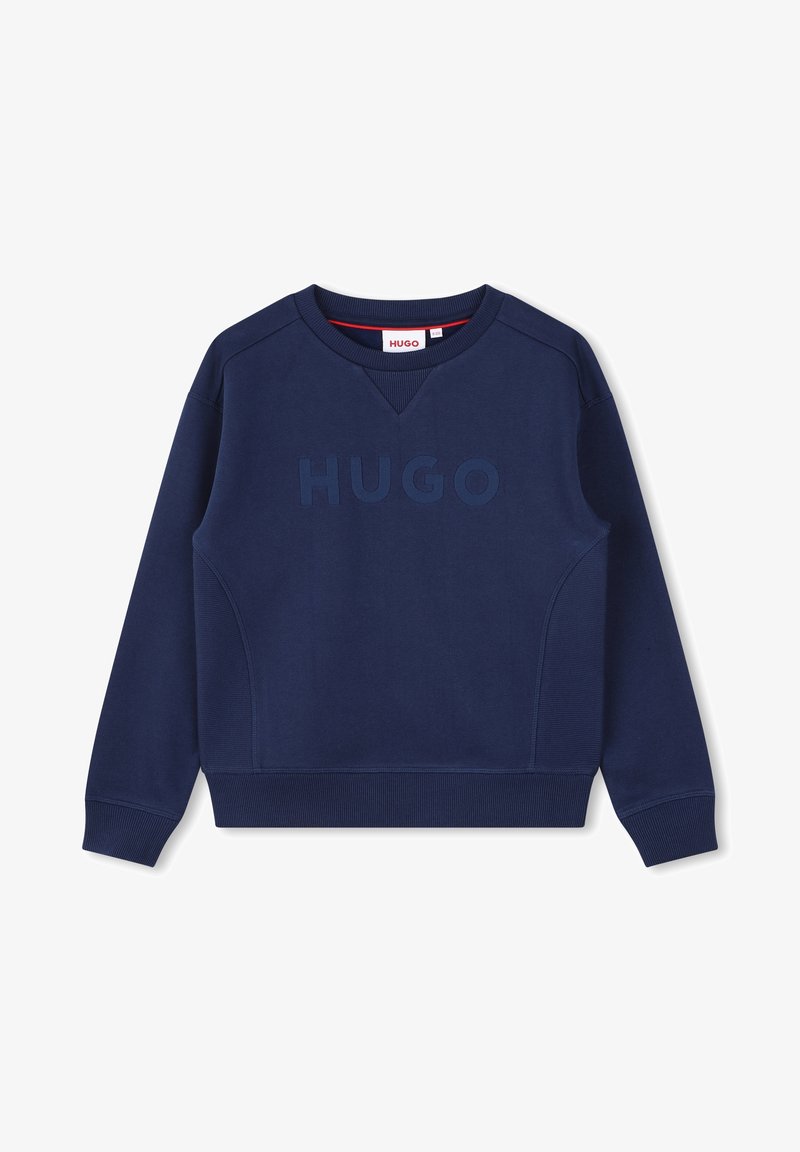 Sweatshirt bleu marine en tissu texturé, avec un col, des poignets et un ourlet côtelés, arborant le mot "HUGO" en relief sur le devant.