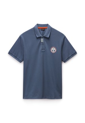 Navy blue polo shirt made of soft cotton with a classic collar, two-button placket, chest logo patch, and short sleeves.