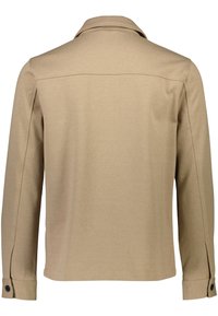 Beige Langarmshirt mit glatter Textur, Kragen und geknöpften Manschetten, mit einem geraden Rückendesign ohne sichtbare Nähte.