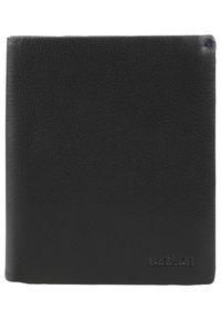 Black leather wallet featuring a smooth texture and minimalist design. The brand name is embossed in lowercase in the lower right corner.