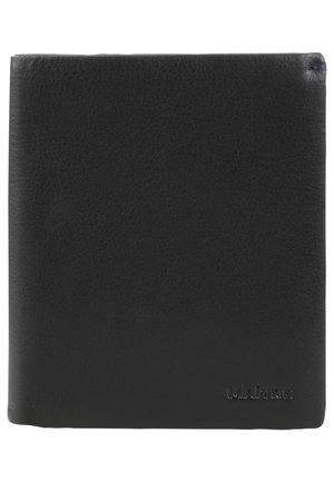 Black leather wallet featuring a smooth texture and minimalist design. The brand name is embossed in lowercase in the lower right corner.