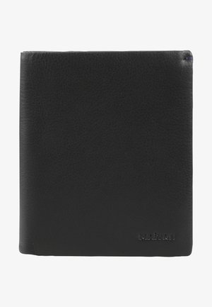 Black leather wallet featuring a smooth texture and minimalist design. The brand name is embossed in lowercase in the lower right corner.