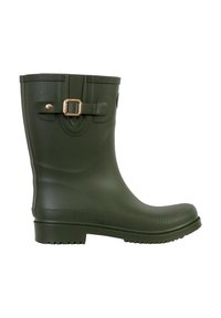 Botte de pluie en caoutchouc verte avec une finition lisse, ornée d'une boucle dorée, d'un bord supérieur texturé et d'une semelle à motif pour une meilleure adhérence.