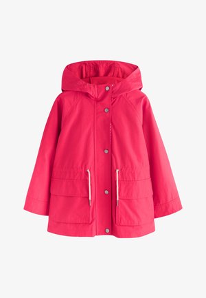 Lyserød hætte-regnjakke med trykknapper foran, justerbar snøre i taljen og to store frontlommer med klap.