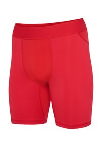Røde atletiske shorts lavet af strækbart stof med en glat tekstur, tætsiddende design og en indbygget lomme med en sømløs afslutning.