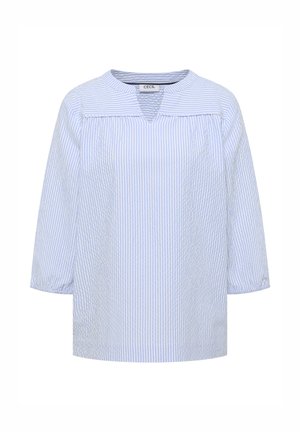 Blouse à manches longues à rayures verticales bleu clair et blanches, col rond avec une petite encoche en V, coupe ample.