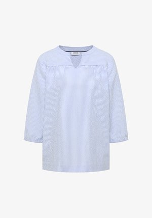Blouse à manches longues à rayures verticales bleu clair et blanches, col rond avec une petite encoche en V, coupe ample.