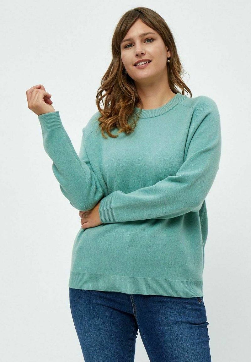 Maglione azzurro chiaro realizzato in tessuto morbido, con un colletto a girocollo, polsini a costine e una vestibilità comoda. Indossato con jeans blu.