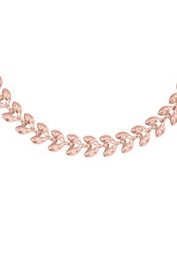 Bracciale in oro rosa con un design a maglie e accenti a forma di foglia, texture liscia e finitura lucida.
