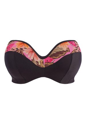 Black bikini top with floral and patterned accent in pink, orange, and green. Structured design with underwiring and smooth texture.