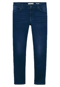 Dark blue jeans made of denim, featuring a slim fit, five-pocket design, and a smooth texture with minimal fading. Button and zipper closure.