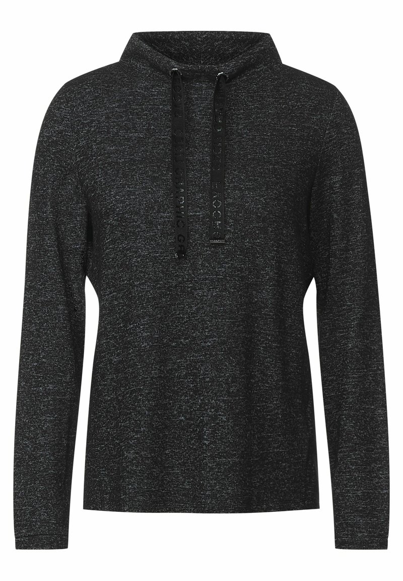 Sweat à capuche à manches longues gris foncé avec une texture mouchetée et des cordons noirs, présentant un texte discrètement embossé.