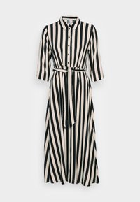 Sukienka w czarno-białe paski z guzikiem z przodu, kołnierzykiem, rękawami 3/4 oraz pasującym paskiem. Lekki materiał o zwiewnym fasonie.