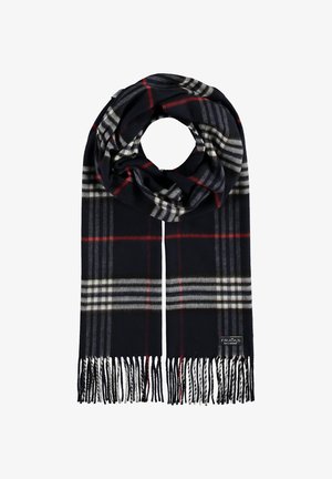 Écharpe à carreaux marine en tissu doux et texturé avec des accents rouges et blancs, finition avec des bords à franges et une étiquette de logo.