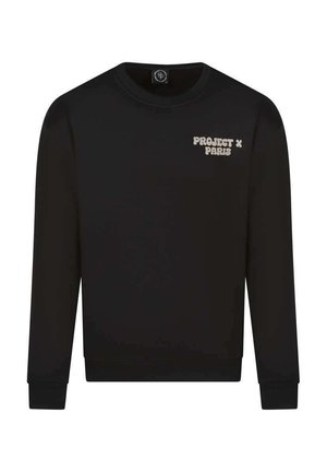 Sudadera negra con cuello redondo, mangas largas y puños de canalé; presenta el logo "PROJECT X PARIS" en color claro en la parte delantera.