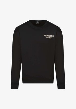 Schwarzer Sweatshirt mit Rundhalsausschnitt, langen Ärmeln und gerippten Bündchen; zeigt das Logo "PROJECT X PARIS" in heller Farbe auf der Vorderseite.