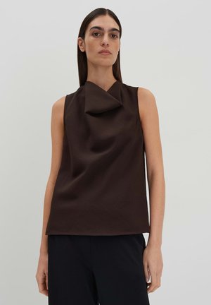 Brown sleeveless top with a structured, draped neckline. Made of a textured fabric, featuring a relaxed fit and subtle sheen.