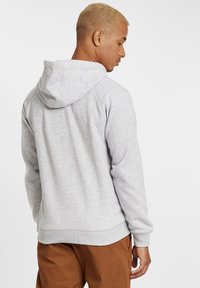 Sweatshirt gris clair avec capuche et poignets côtelés, présentant une coupe décontractée et un tissu doux et texturé. La vue de dos montre des détails de couture.