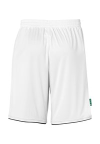Shorts de sport blancs en matériau léger, avec une taille élastique et une accentuation noire le long de l'ourlet.