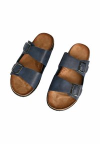 Sandali in sintetico blu navy con due larghe cinghie, fibbie metalliche e una soletta imbottita marrone. Suola in gomma piatta.
