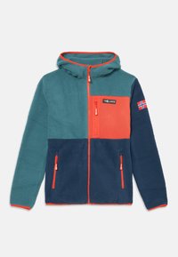 Children's zip-up fleece jacket with hood, featuring teal, navy, and orange panels, chest pocket, red zippers, and Norway flag patch on sleeve.