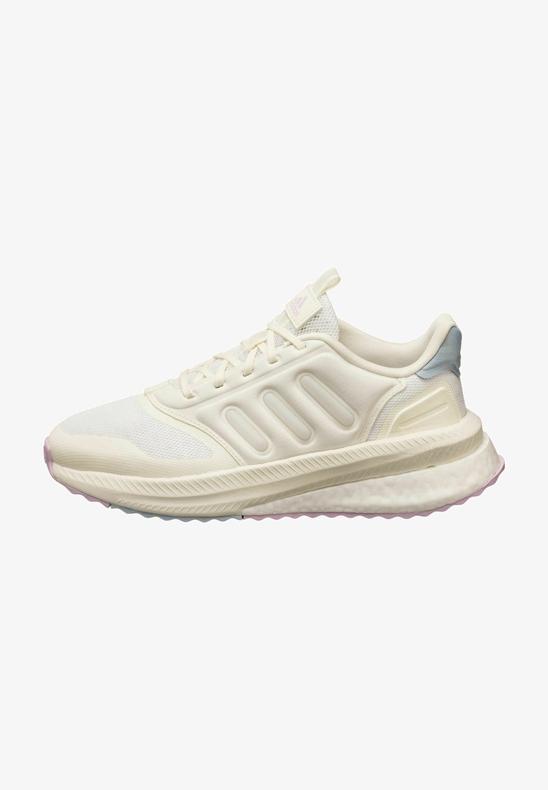 White athletic sneaker with mesh and synthetic materials, featuring a textured sole, light pink accents, and three side stripes for design detail.