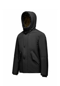 Giacca nera imbottita con cappuccio, caratterizzata da chiusura con zip e bottoni a pressione, due tasche angolate e un morbido rivestimento interno. Texture liscia su tutta la superficie.
