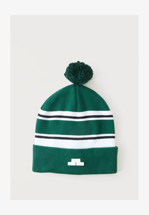 Green knit beanie with white and black horizontal stripes, a pom-pom on top, and a small white logo on the cuff.