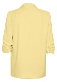 Yellow blouse with a structured collar, long sleeves with gathered cuffs, and a smooth, lightweight fabric. No visible closures or patterns.