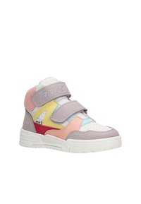 High-top sneaker with a white leather toe, pastel purple, pink, yellow, and blue panels, Velcro straps, textured mesh, and a chunky white sole.
