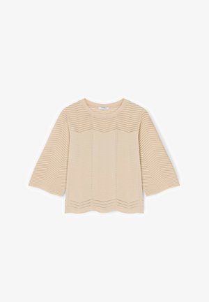 Maglione beige in maglia con motivo a zigzag e a coste, scollo rotondo e maniche a tre quarti.