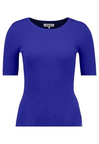 Blue ribbed short-sleeve top with a round neckline. Made of textured fabric, it features a fitted design and subtle stretch for comfort.