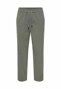 Olive green, ribbed jogger pants with an elastic waistband and drawstring. Features side pockets and tapered cuffs at the ankles.