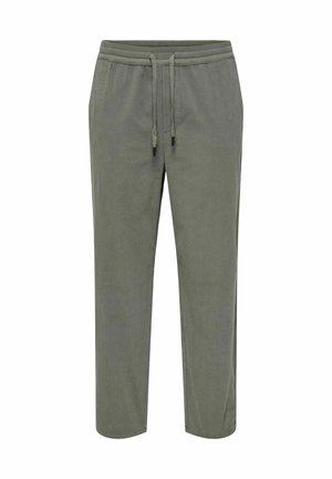 Olivengrønne, riflede joggingbukser med elastisk talje og snøring. Har sidelommer og tapered manchetter ved anklerne.