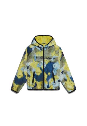 Kurtka z kapturem na froncie z zamkiem błyskawicznym, bocznymi kieszeniami i abstrakcyjnym wzorem mapy w kolorach niebieskim, żółtym i beżowym z tekstem i liniami konturowymi.
