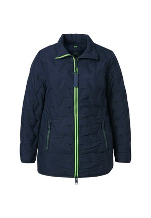 Marineblau gesteppte Jacke mit hohem Kragen, hellgrünem Reißverschluss, zwei Seitentaschen und einem dezenten geometrischen Texturmuster.